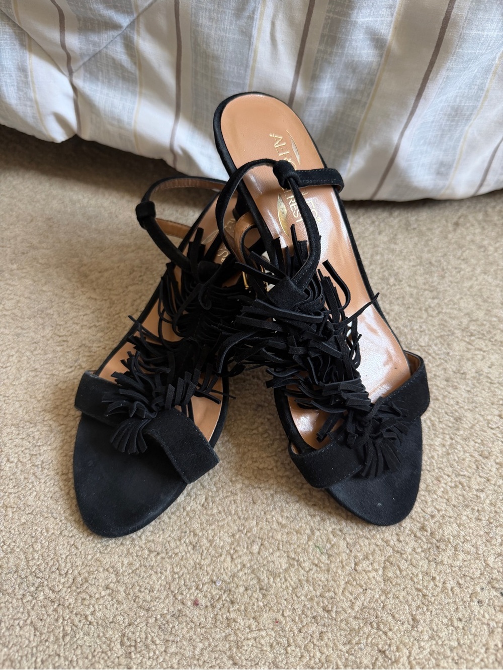 Aerosoles Heel Rest Black Fringe Suede Kitten Heel Sandals Ankle Strap 6.5